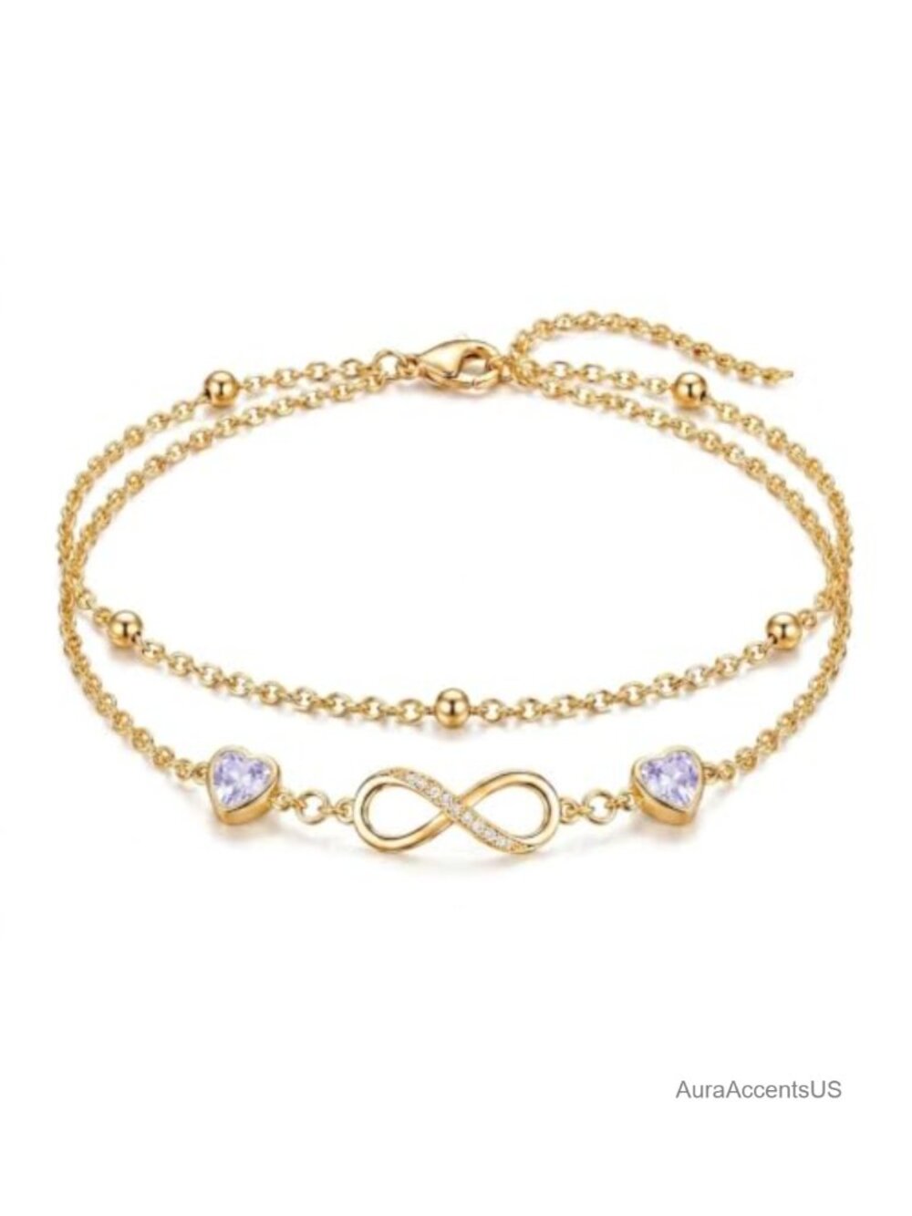 Infinity Birthstone Bracelet Anklet Adjustable 18K Yellow Gold Double Layer